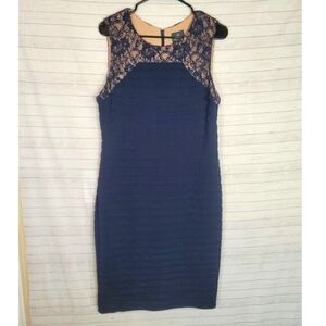 Adriana Papell Shutter Pleated Navy Blue & Lace Sheath Dress, sz 14